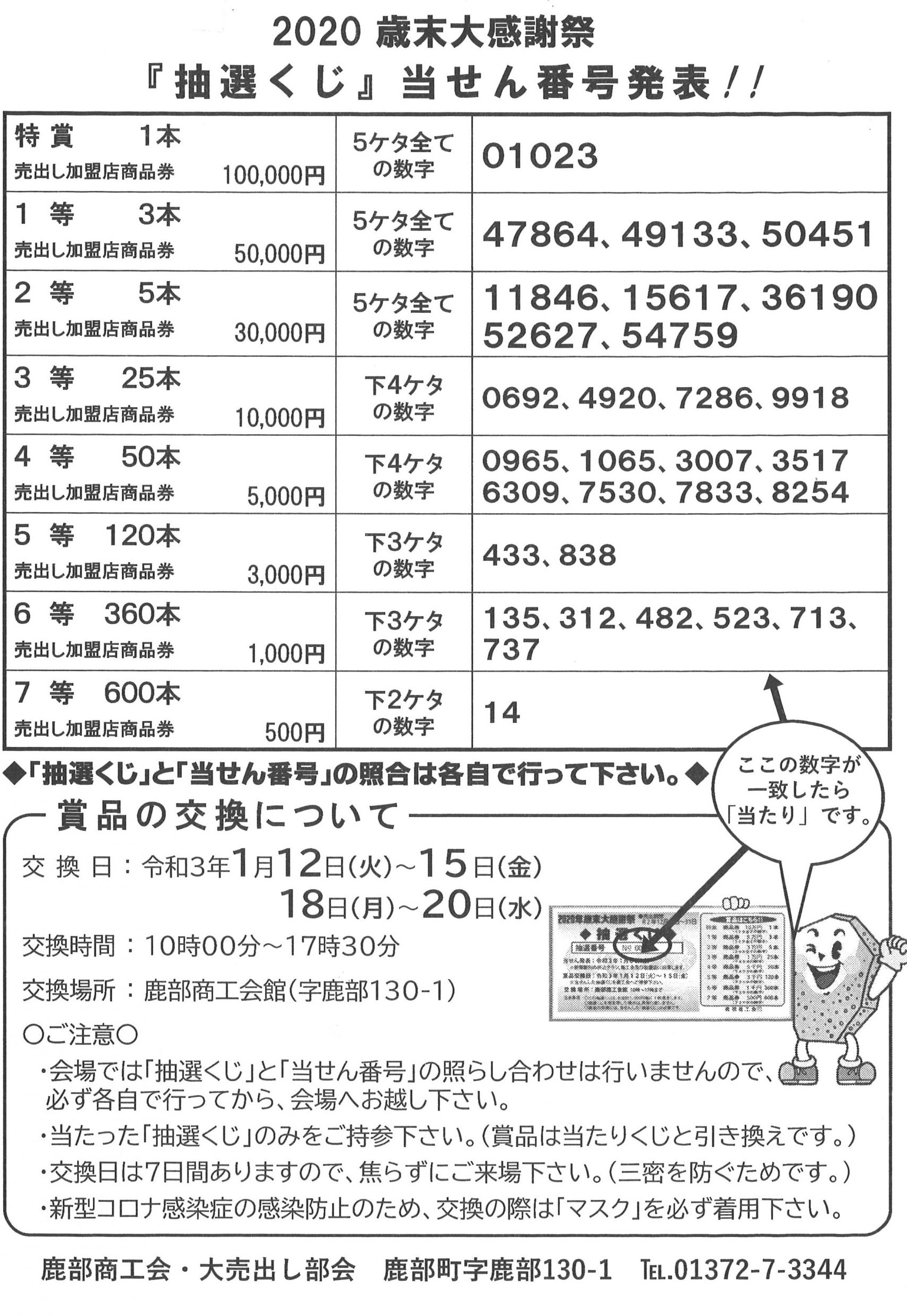 2020 歳末大感謝祭『抽選くじ』当せん番号発表！！ | 道の駅しかべ